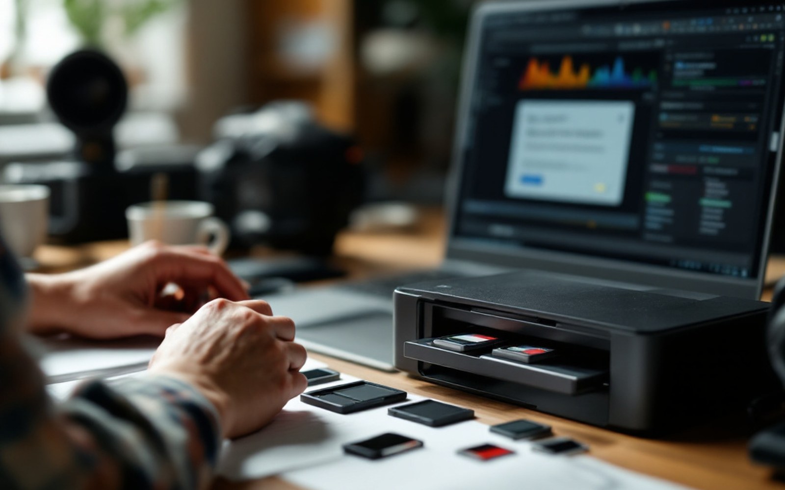 Hands sorting memory cards beside a card reader on a desk, laptop open behind with an import dialogue on screen. Raking light