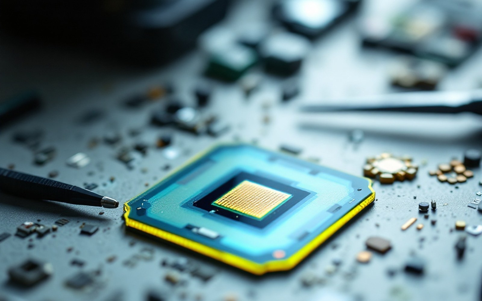 A bare camera image-sensor chip lifted out of a camera body and lying on a workbench beside a lens mount and tweezers, its square colour-filter grid catching the light under magnif