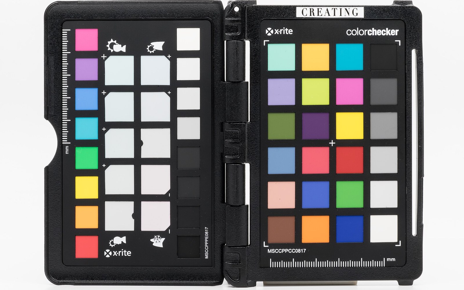 Two X-Rite ColorChecker Passport panels open side by side showing grayscale and color swatches