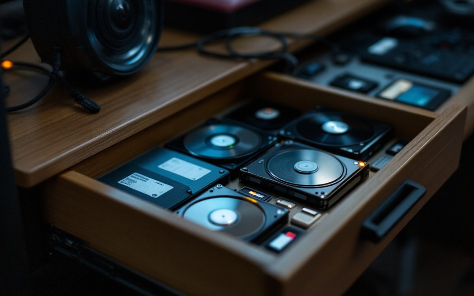 A desk drawer of labelled hard drives and memory cards