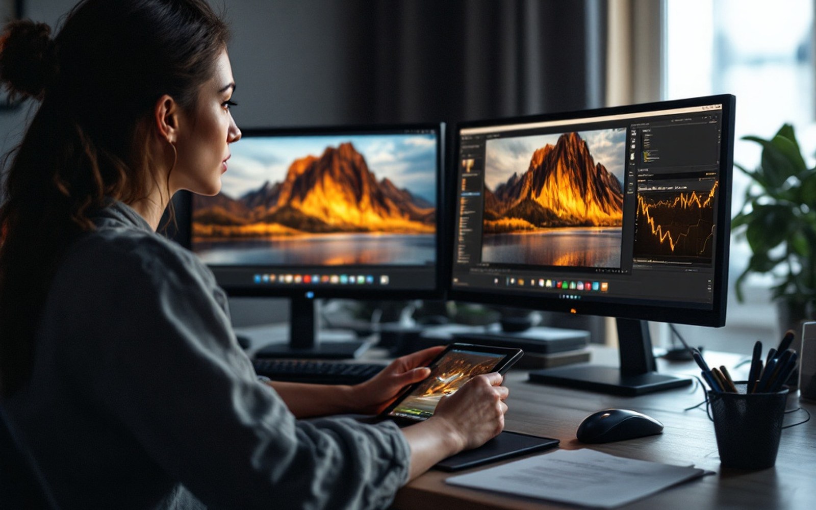 A retoucher at a two-monitor calibrated desk, colour editor open, hand on the tablet, face lit by the screen