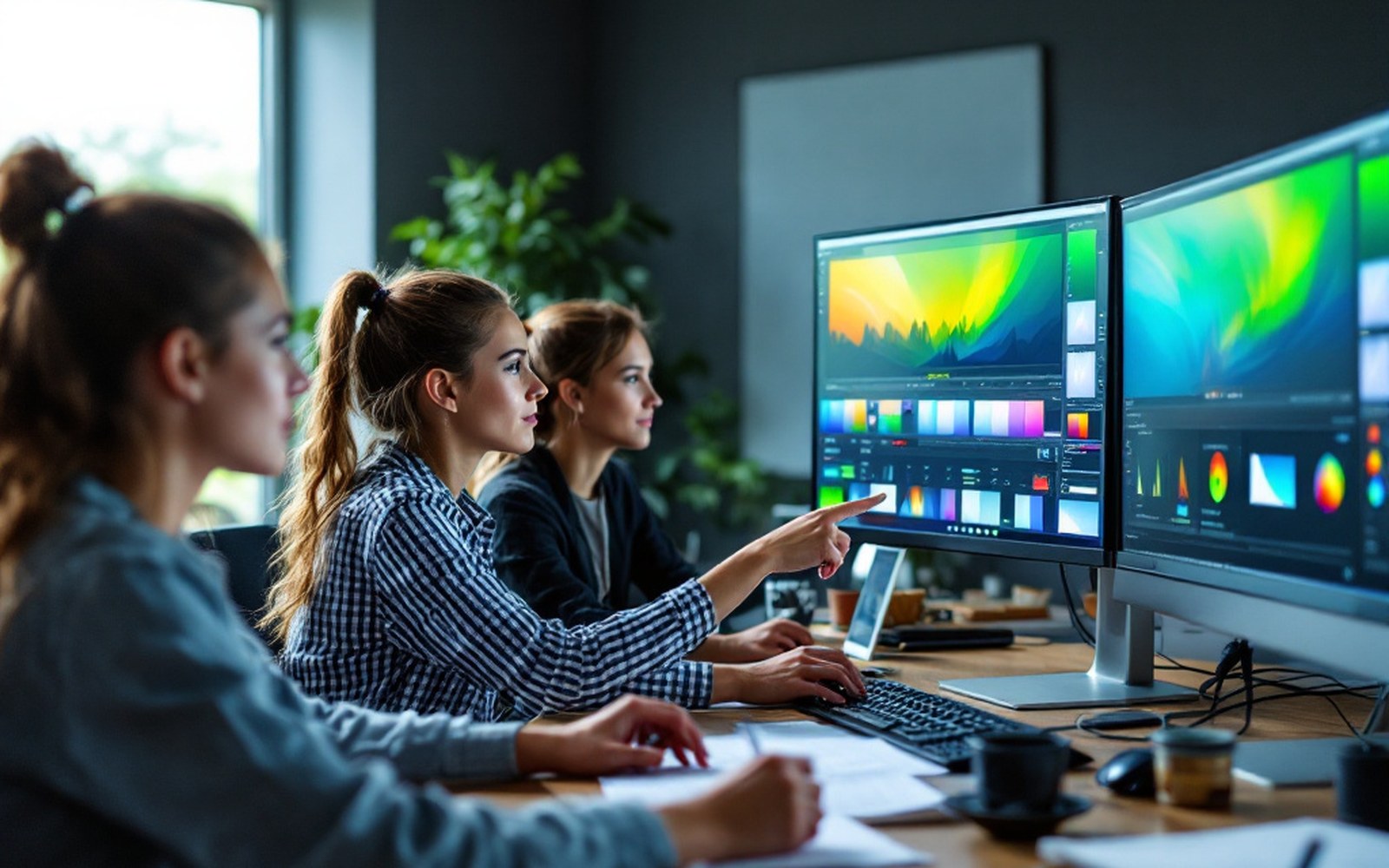 A workshop — three or four adults at one large calibrated monitor, colour editor open, one of them driving, another pointing at a hue wedge