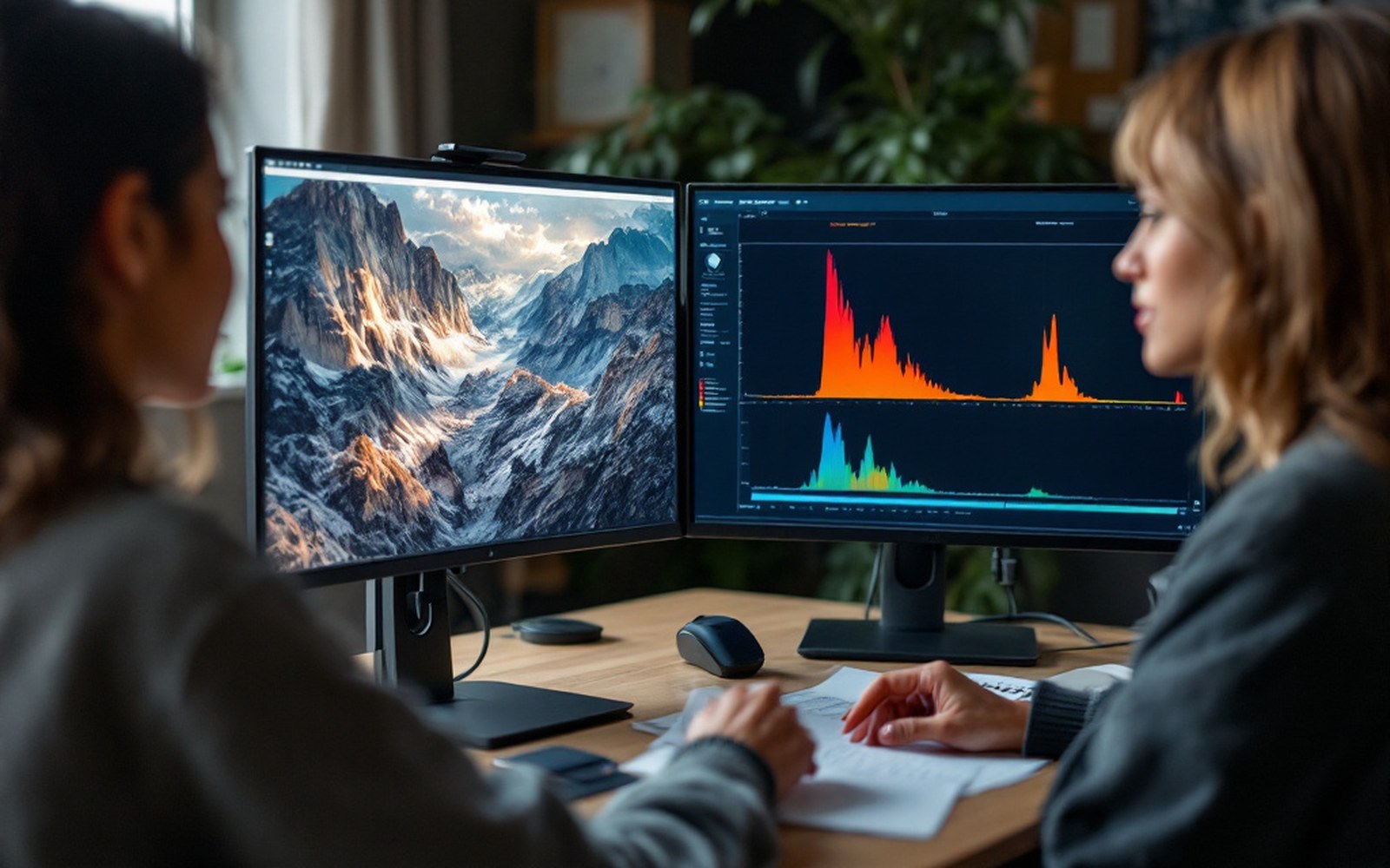 A calibrated monitor showing a raw frame mid-adjustment with its histogram beside it