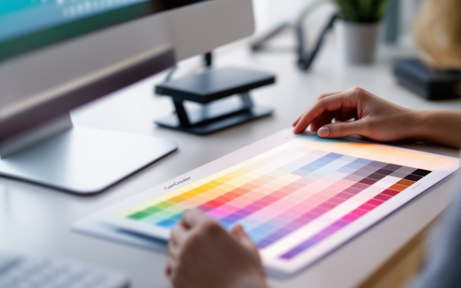 A ColorChecker chart lying on a desk beside a calibrated monitor