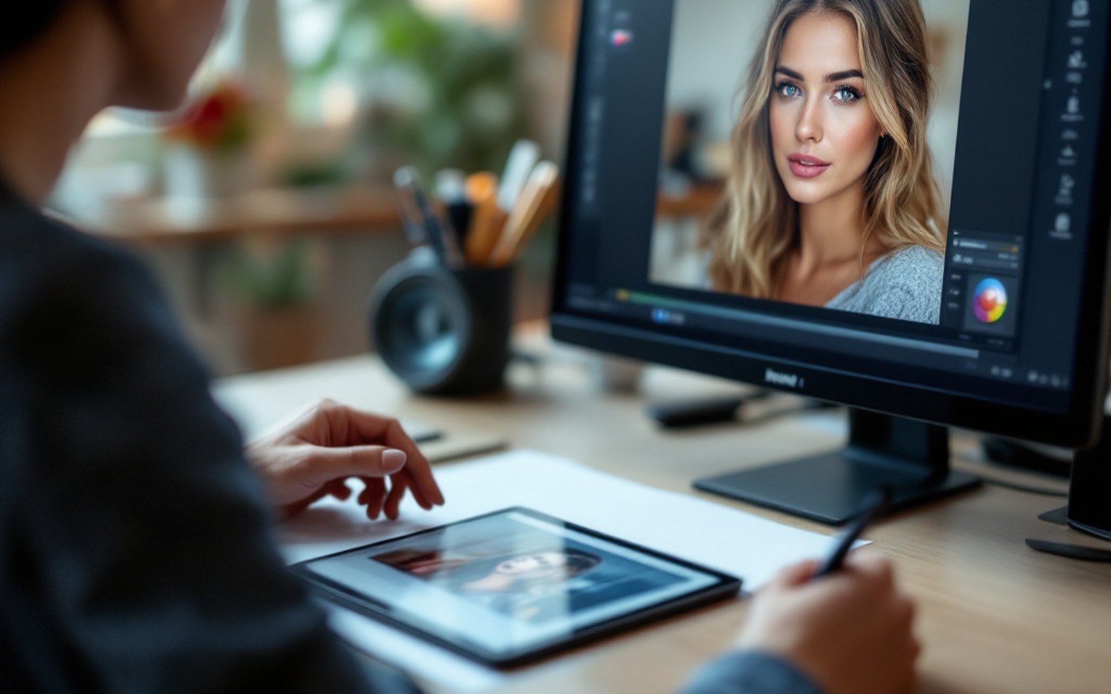 A close view of a screen showing a portrait mid-edit, tablet pen resting on the desk