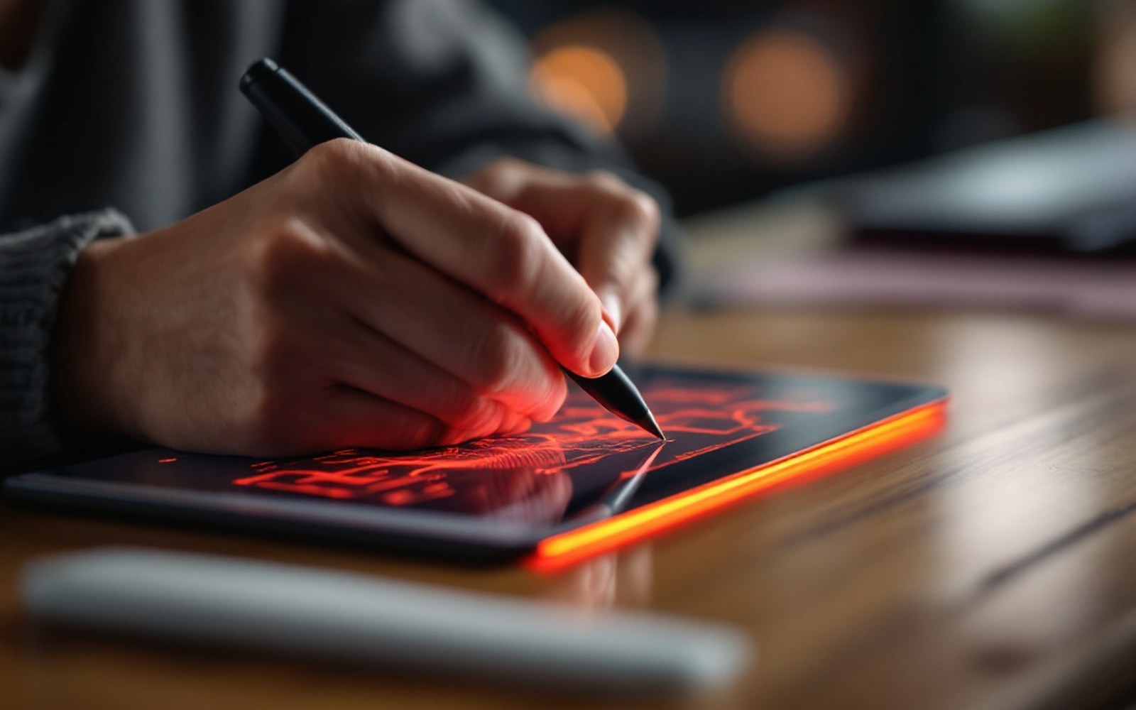 Hands on a tablet and pen, pen tip down on the surface, the screen's light across the knuckles, a red mask overlay glowing at the edge of frame. Cropped close